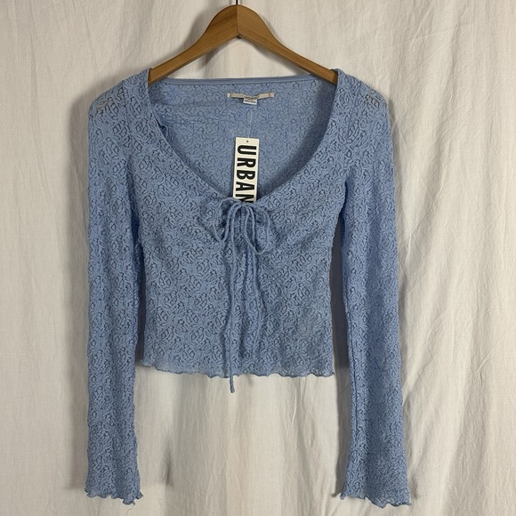 Kimchi Blue Milkmaid Babydoll Top Womens SZ XS Tie Front Blue Boho Feminine Lace - Picture 4 of 13